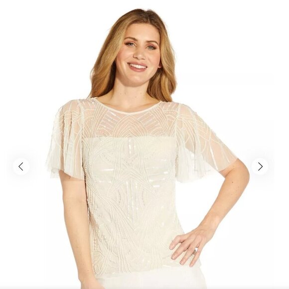 Adrianna Papell Ivory Pearl Beaded Flutter Sleeve Top Sz. 4 - Picture 2 of 13
